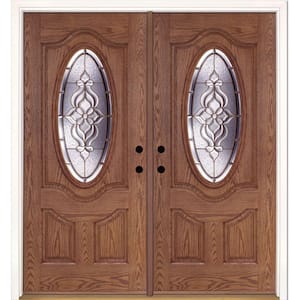 74 in. x 81.625 in. Lakewood Brass 3/4 Oval Lite Stained Medium Oak Right-Hand Fiberglass Double Prehung Front Door