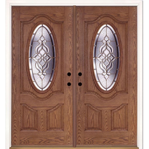 Feather River Doors 74 in. x 81.625 in. Lakewood Brass 3/4 Oval Lite Stained Medium Oak Right-Hand Fiberglass Double Prehung Front Door