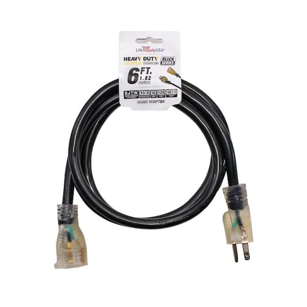 LifeSupplyUSA 6 ft. 10/3 SJTW 15 Amp 125-Volt 1875-Watt 3 Prong Lighted End Indoor/Outdoor Black Heavy-Duty Extension Cord (100-Pack)