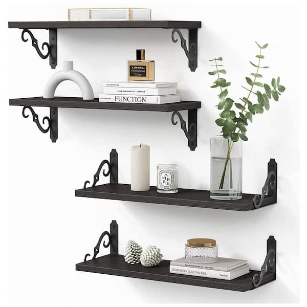 Cubilan 17 in. W x 6 in. D Black Wood Decorative Wall Shelf Floating Shelves with Brackets Set of 4