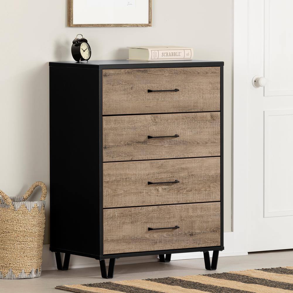 Weathered Oak and Matte Black Farmhouse 4-Drawer Chest