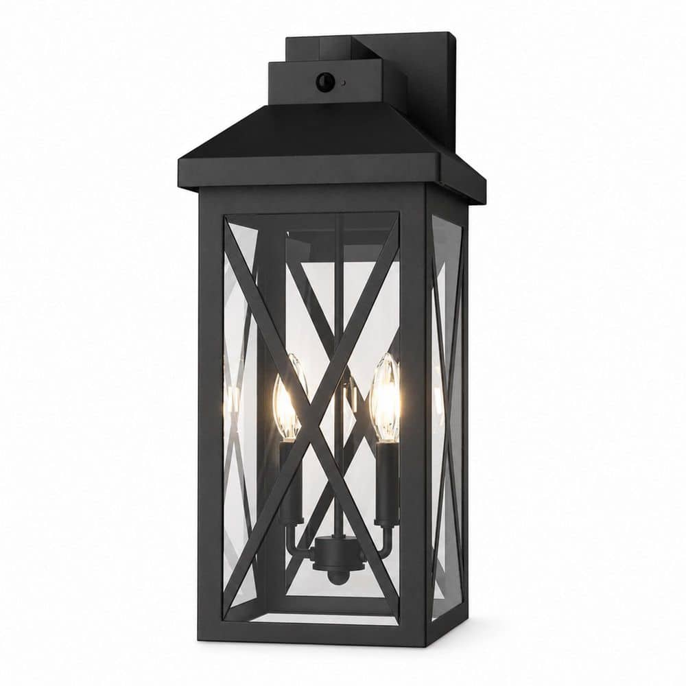 18.1 in. Modern Black 2-Light Outdoor Wall Lantern with Motion Sensor, Dusk to Dawn and Clear Tempered Glass price history on PriceWatchPro