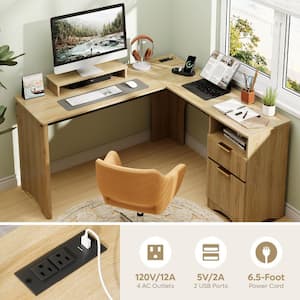 55 in. Natural 2-Storage Drawers L-Shaped Computer Desk with Power Outlets, Lift-Top and Monitor Stand