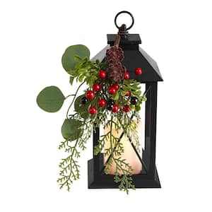 12 in. Unlit Holiday Berries and Greenery Metal Lantern Artificial Table Christmas Arrangement with LED Candle Included
