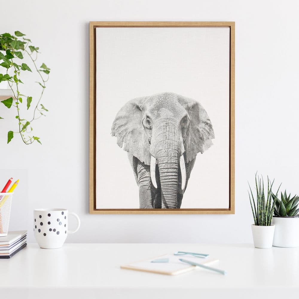 Natural Wood Framed Black and White Elephant Canvas Art for Kids