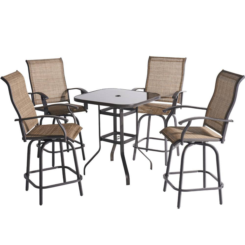 SUNMTHINK 5Piece Brown Outdoor Patio Bar Set with Umbrella Hole Table