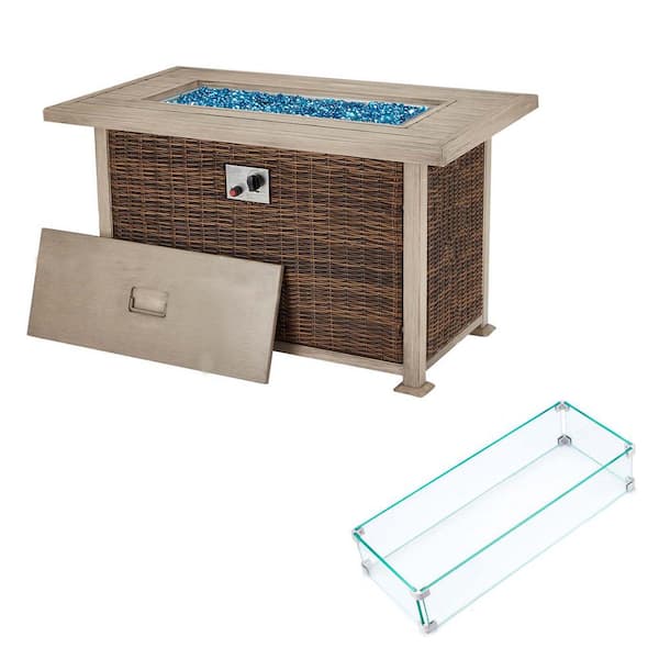 Miscool 44 in. Brown Wicker Propane Fire Pit Table, 50,000 BTU Auto-Ignition Gas Fire Table with Glass Wind Guard