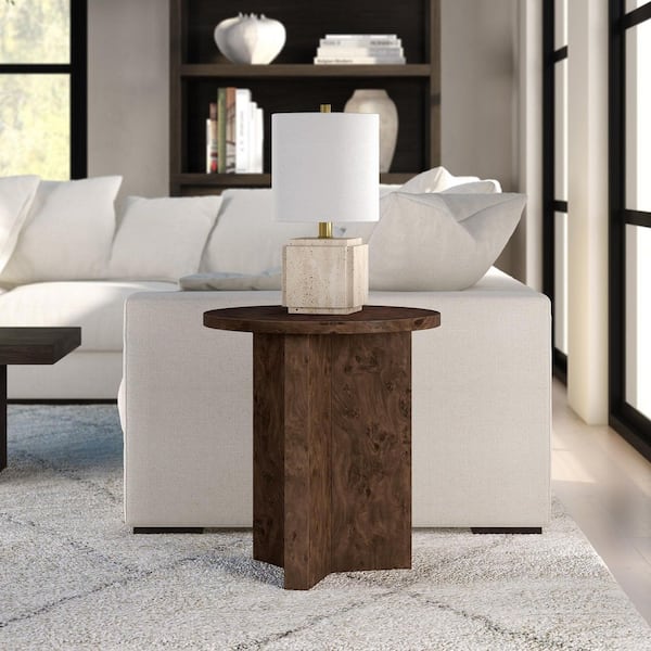 Anders 20 in. Espresso Burl Round Hollow Core Board End Table