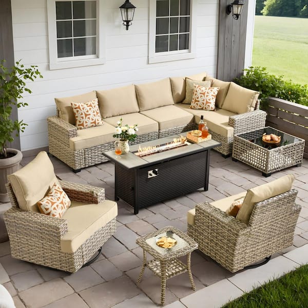 Toject Torino Gray 10-Piece Wicker Outdoor Patio Conversation Sofa Sectional Set with a Metal Fire Pit and Beige Cushions