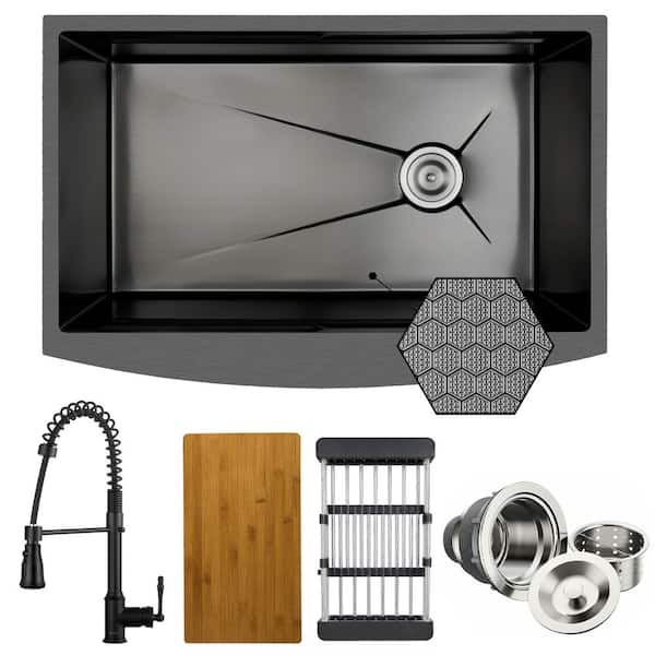 HEX 33 in. Farmhouse Apron Front Single Bowl Gunmetal Black Stainless Steel Workstation Kitchen Sink with Faucet