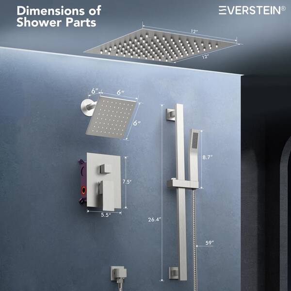 EVERSTEIN 3-Spray Square 12 in. Rain LED Shower System with 6 in