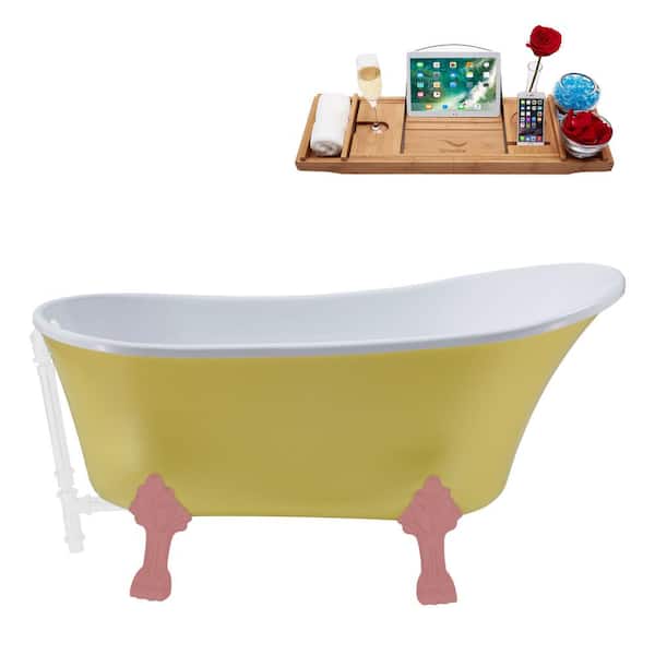 Streamline 55 in. x 26.8 in. Acrylic Clawfoot Soaking Bathtub in Matte Yellow with Matte Pink Clawfeet and Glossy White Drain