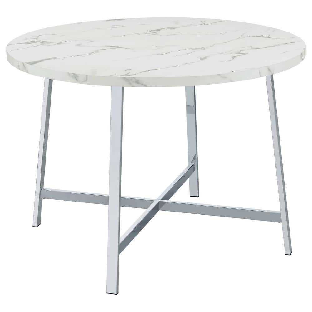Round White Faux Marble and Chrome Dining Table