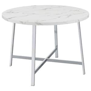 Alcott Round Chrome and Carrara Faux Marble Top Trestle Dining Table Seats 4