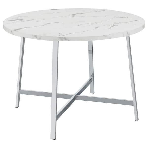 Coaster Alcott Round Chrome and Carrara Faux Marble Top Trestle Dining Table Seats 4