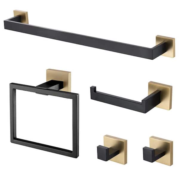 Unbranded 5-Piece Bathroom Hardware Accessories Set Towel Bar Set Wall Mounted Stainless Steel in Black and Gold