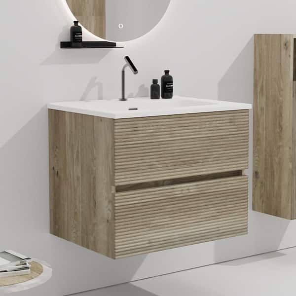 FAMYYT 24 in. Single Sink Floating Natural Oak Bath Vanity with White Ceramic Top