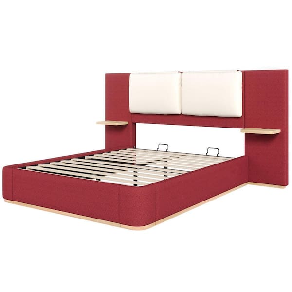 Qualler Red Wood Frame Queen Size Upholstered Platform Bed with