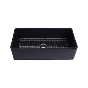 33 in. W Rectangular Matte Clay Kitchen Single Basin Sink in Black with 304 Stainless Steel Grid and Buffer