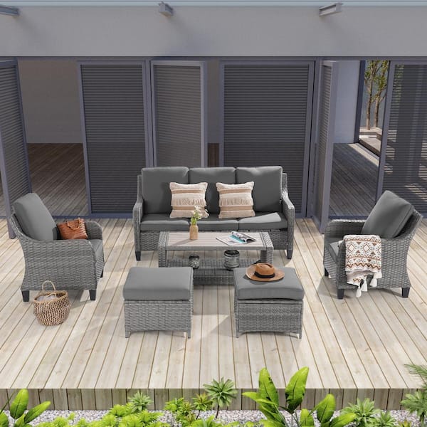 JOYESERY 6-Piece Patio Outdoor Conversation Set with Thickening Ottomans Coffee Table, Gray Cushion