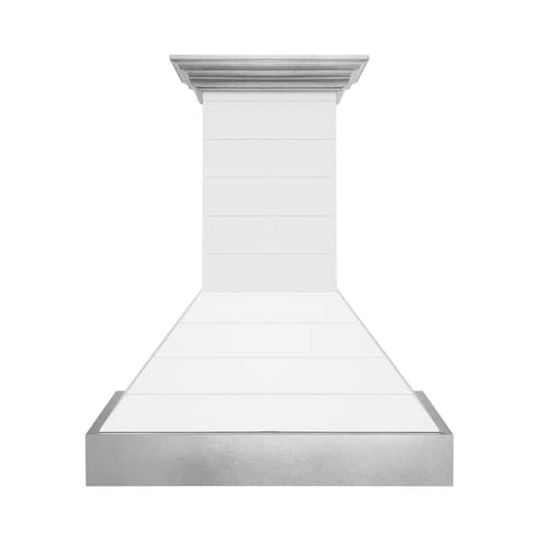 36 in. Wooden Wall Mount Ducted Vent Range Hood in Rustic Shiplap Bright White Finish with Stainless Steel Accents