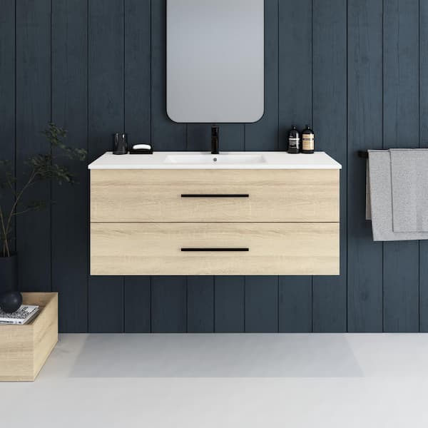 Napa 48 in. W x 18 in. D Single Sink Bathroom Vanity Wall Mounted In White Oak with Ceramic Integrated Countertop