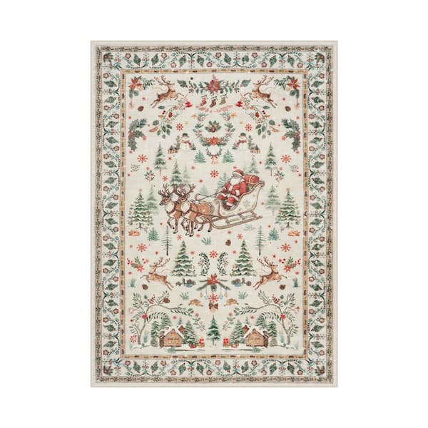 Vintage Christmas Santa Reindeer Beige Soft Non-Slip 2 ft. x 10 ft. Kitchen/Bedroom/Hallway Indoor Runner Rug