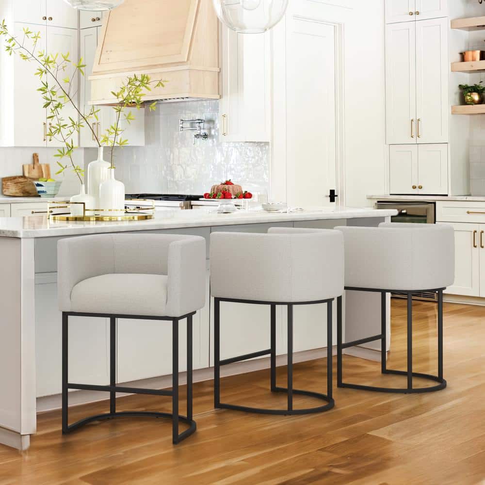 Jessica 26 in.Cream Gray Modern Counter Bar Stool Fabric Upholstered Barrel Counter Stool with Metal Frame Set of 3 price history on PriceWatchPro