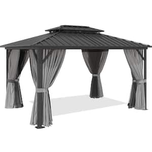 12 ft. x 10 ft. Outdoor Double Roof Gazebo with Galvanized Steel Hardtop, Aluminum Frame, Ceiling Hook, Curtain, Netting