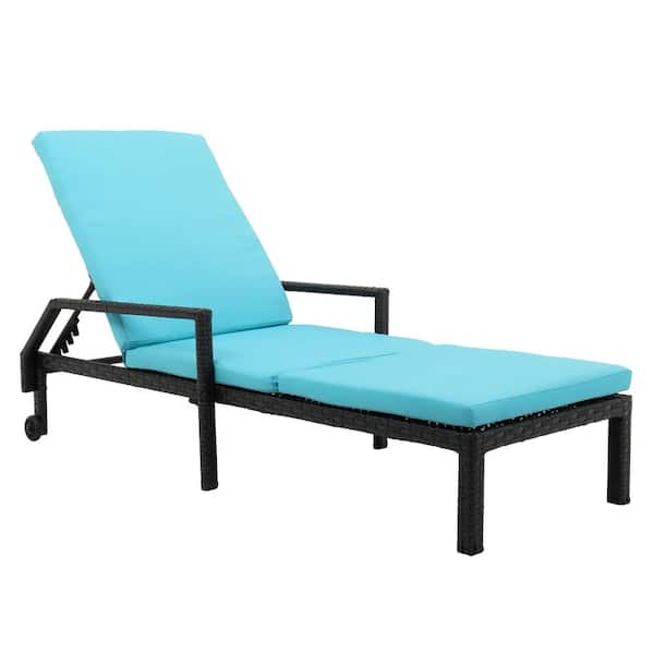 Karl home Black Back Adjustable Rattan Outdoor Lounge Chair Chaise Recliner with Blue Cushions