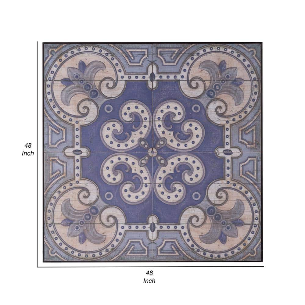 48" Blue and Ivory MDF Floral Mandala Wall Art Tile