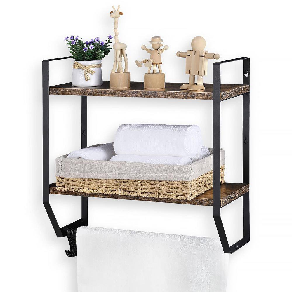 15.75 in. W x 6.85 in. D 2-Tier Rustic Brown Towel Shelf for Bathroom with 