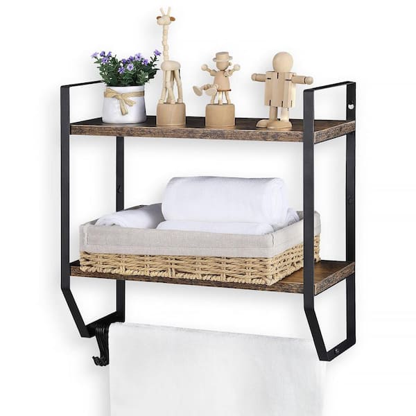 Unbranded 15.75 in. W x 6.85 in. D 2-Tier Rustic Brown Towel Shelf for Bathroom with 5 Hooks, Decorative Wall Shelf