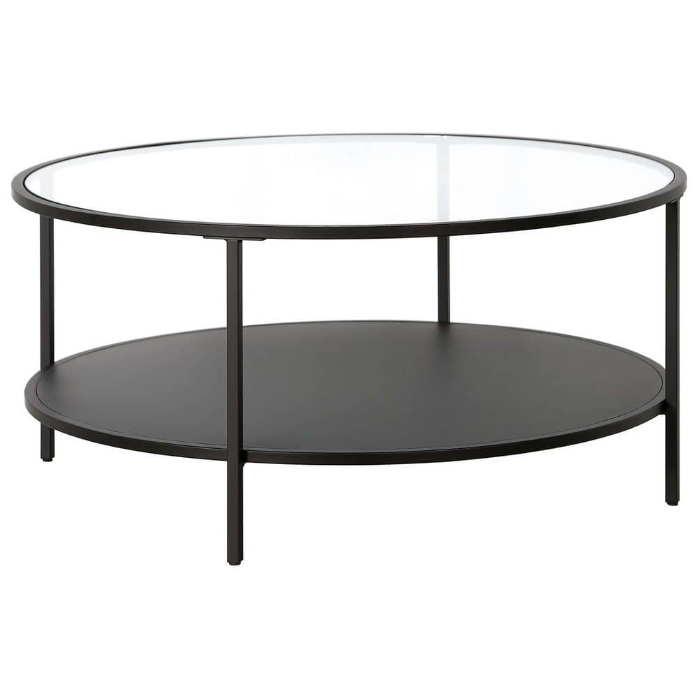Blackened Bronze Round Coffee Table with Glass Top and Metal Shelf, 36"