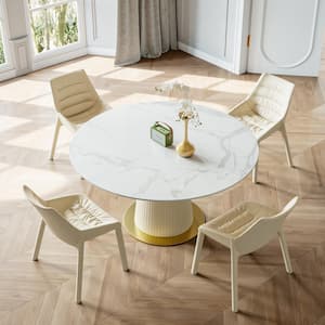 Functional White Sintered Stone 59.05 in. Palpable Leather and Stainless Steel Pedestal Base Dining Table (8 Seats)