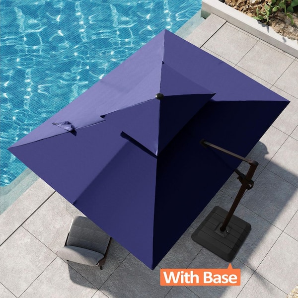 Double Top 9 ft. x 12 ft. Rectangular Aluminum 360° Swivel Cantilever Patio Umbrella in Navy Blue with Umbrella Base