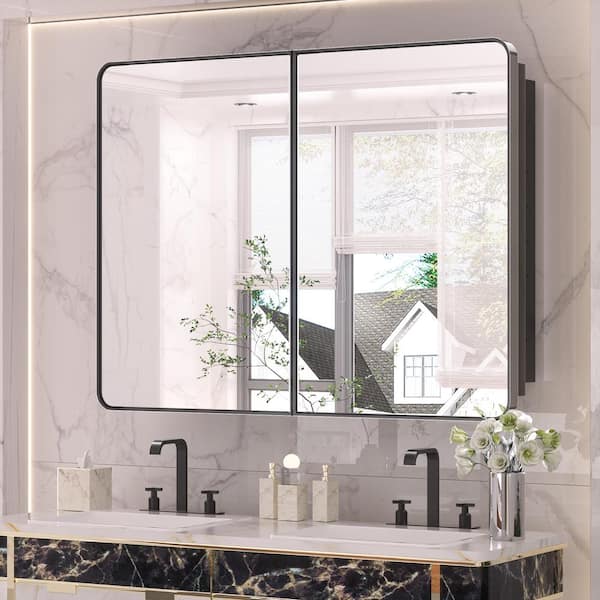 KeonJinn 40 in. W x 32 in. H Rectangular Black Stainless Steels  Framed Recessed/Surface Mount Medicine Cabinet with Mirror