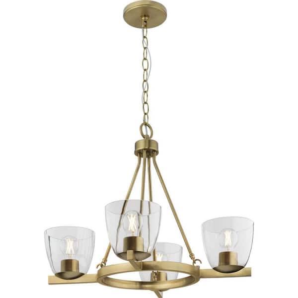 Progress Lighting Tamassee Collection 4-Light Brushed Gold Updated Traditional Chandelier with Clear Glass Shades for Dining Room