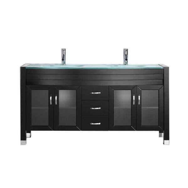 Virtu USA Ava 63 in. W Bath Vanity in Espresso with Glass Vanity Top in Aqua Tempered Glass with Round Basin