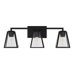 Mackenzie Place 24 in. 3-Light Matte Black Modern Bathroom Vanity Light with Clear Glass Shades