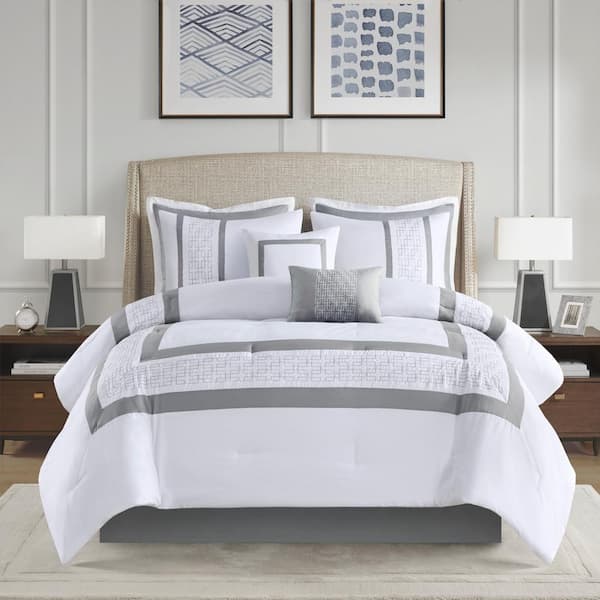 Kingwood 8-Piece White Polyester Queen Embroidered Comforter Set