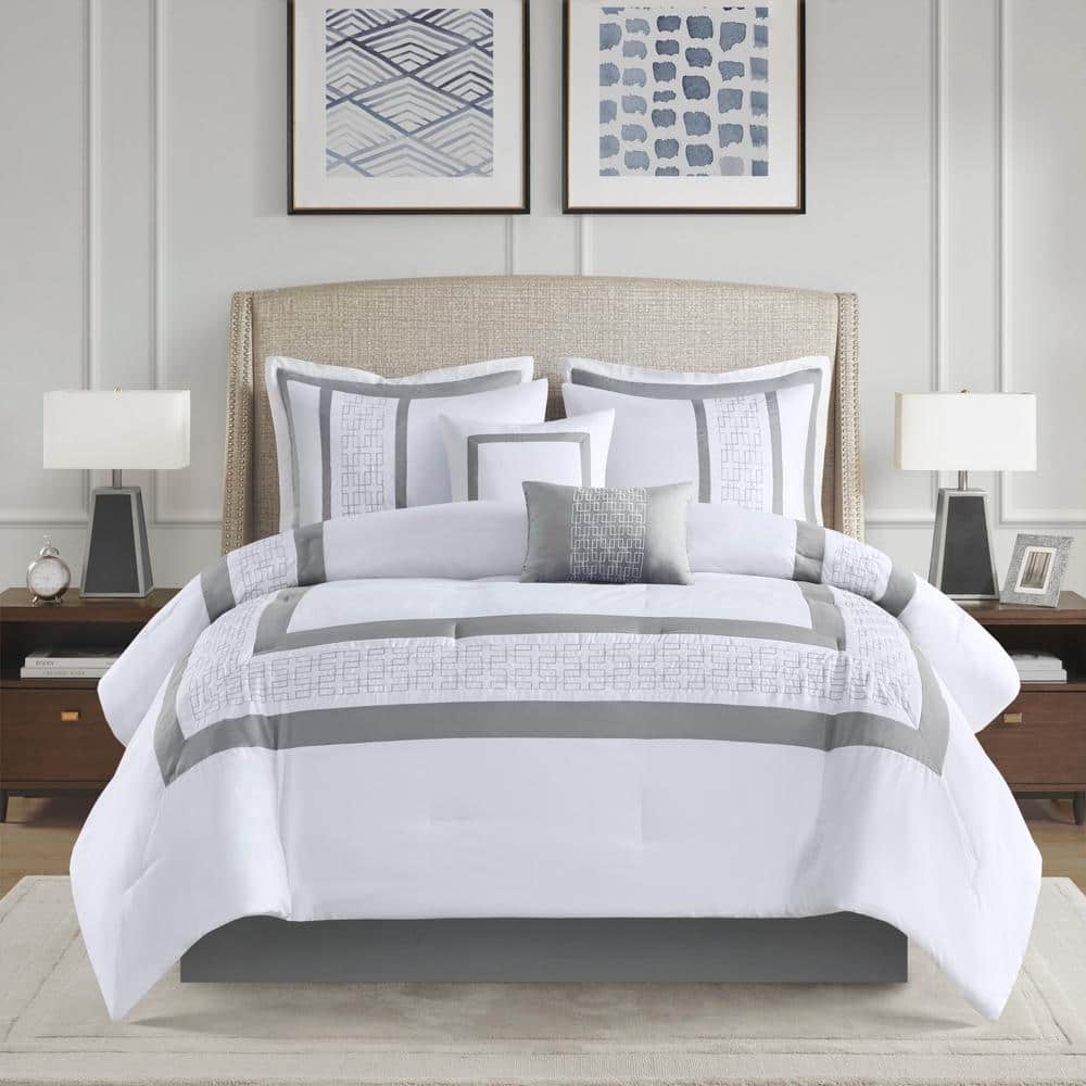 California King White Microfiber 8-Piece Embroidered Comforter Set