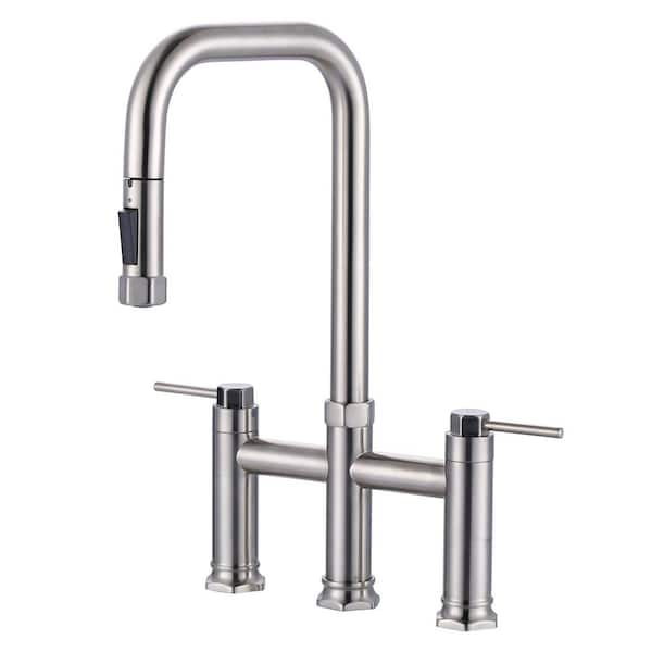 Double-Handle Bridge Kitchen Faucet with Pull-Down Sprayhead and 360° High-Arc Spout in Brushed Nickel