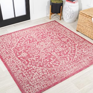 Malta Bohemian Medallion Textured Weave Fuchsia/Light Gray 5 ft. Square Indoor/Outdoor Area Rug