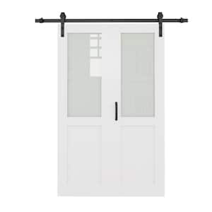 48 in. x 80 in. 1/2 Lite Tempered Frosted Glass White Primed Bifold Sliding Barn Door with Hardware Kit