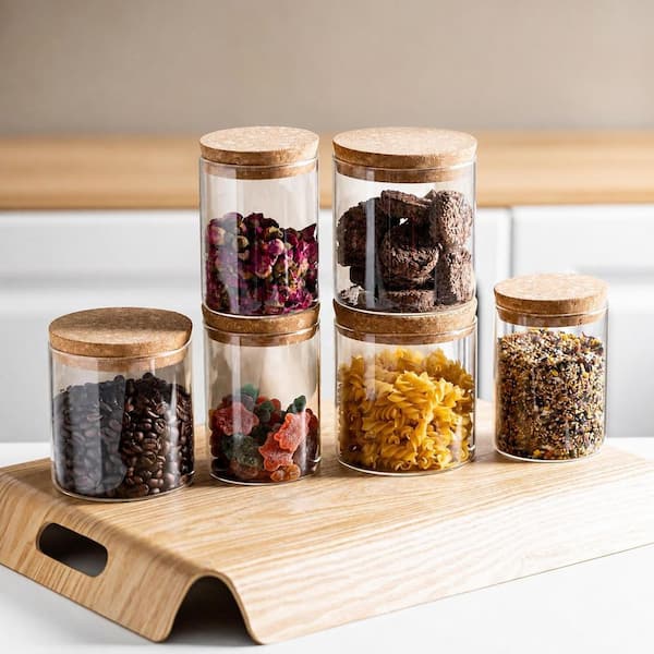 8 Pack Airtight Glass Jars with Natural Cork Lids, 2 Sizes Clear Food Storage Canisters for Pantry Use