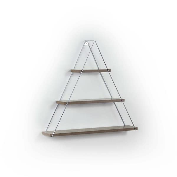 Rustic Decorative Shelf 3 Solid Wood and Metal Triangle Wall Shelf, Walnut/Chrome