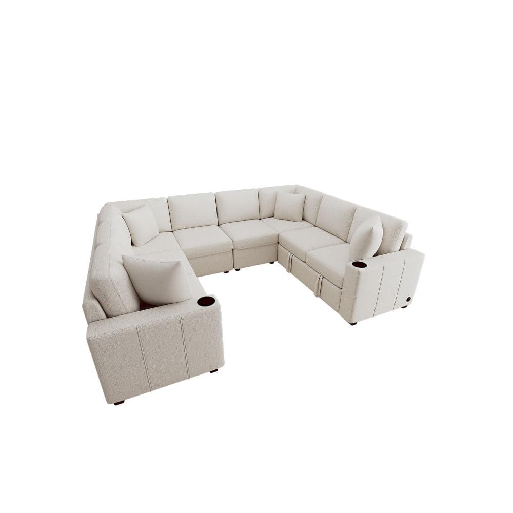 108.7 in. Square Arms 6-piece Chenille U-shaped Sectional Sofa with Pull-Out Bed, USB Ports & Cup Holders in Beige price history on PriceWatchPro
