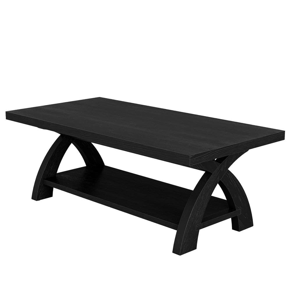 47 in. Black Rectangle Solid Wood Coffee Table with Storage Shelf, Farmhouse Rectangular Center Table with X-Shaped Legs