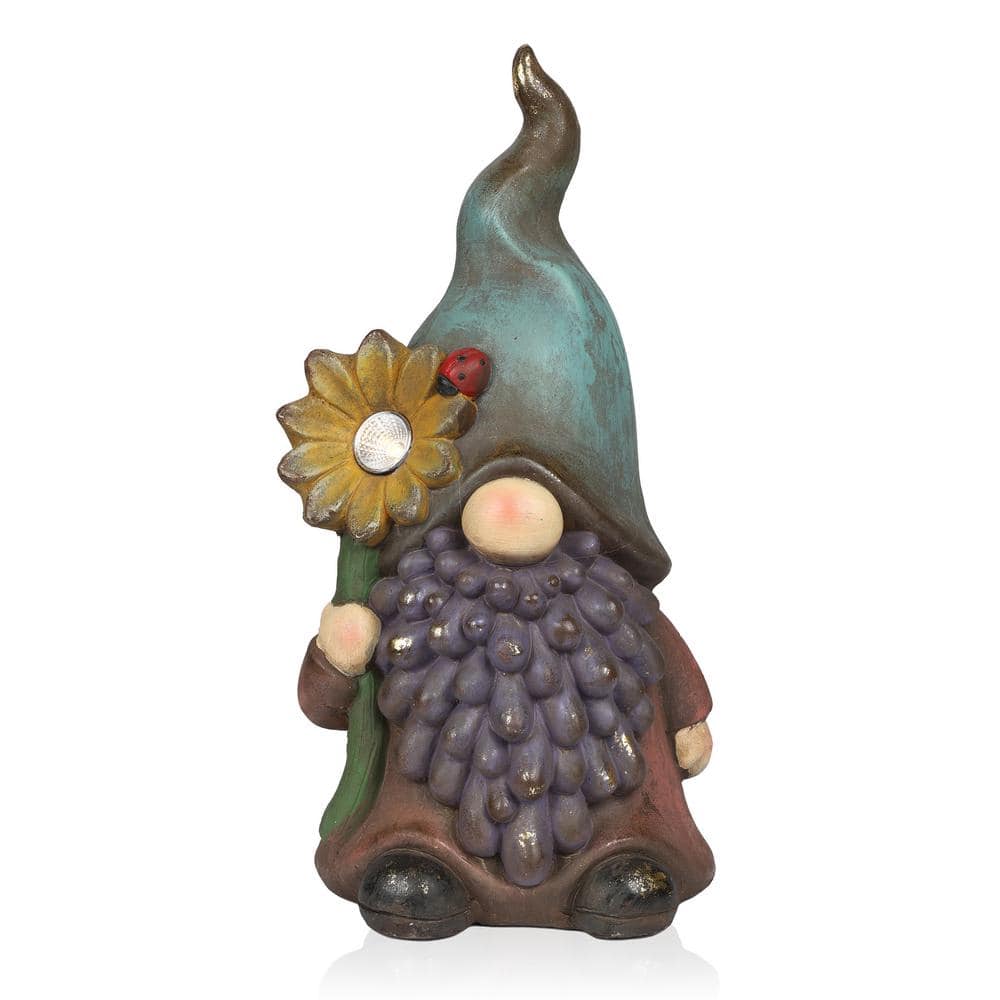 Alpine Corporation Solar Gnome Holding Flower with Turquoise Hat Statuary